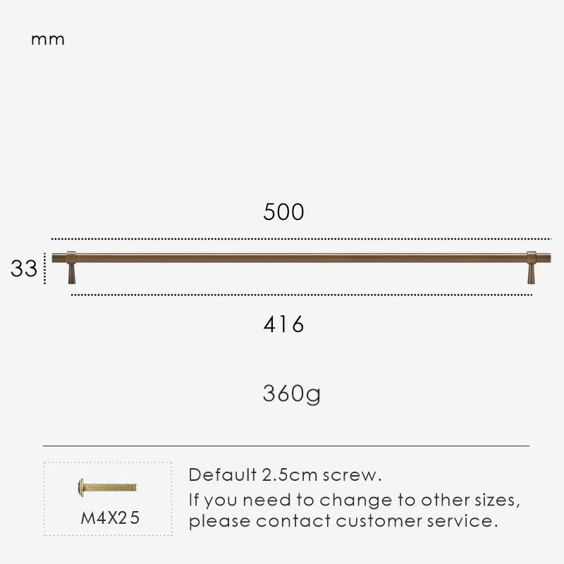 Measurement chart for antique brass stepped ring pull 500 mm with dimensions and weight information.