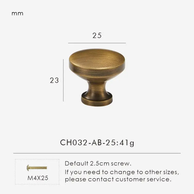 Antique bronze cabinet knob 25mm with dimensions and weight on a white background.