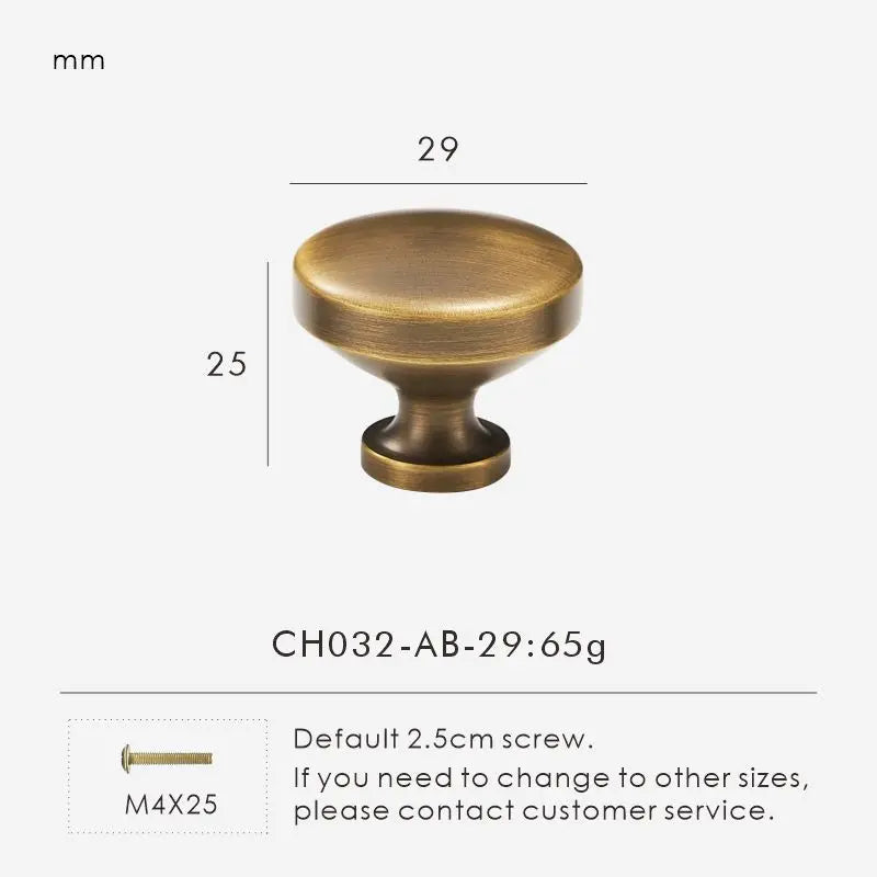 Antique bronze cabinet knob 29mm with dimensions and weight on a white background.
