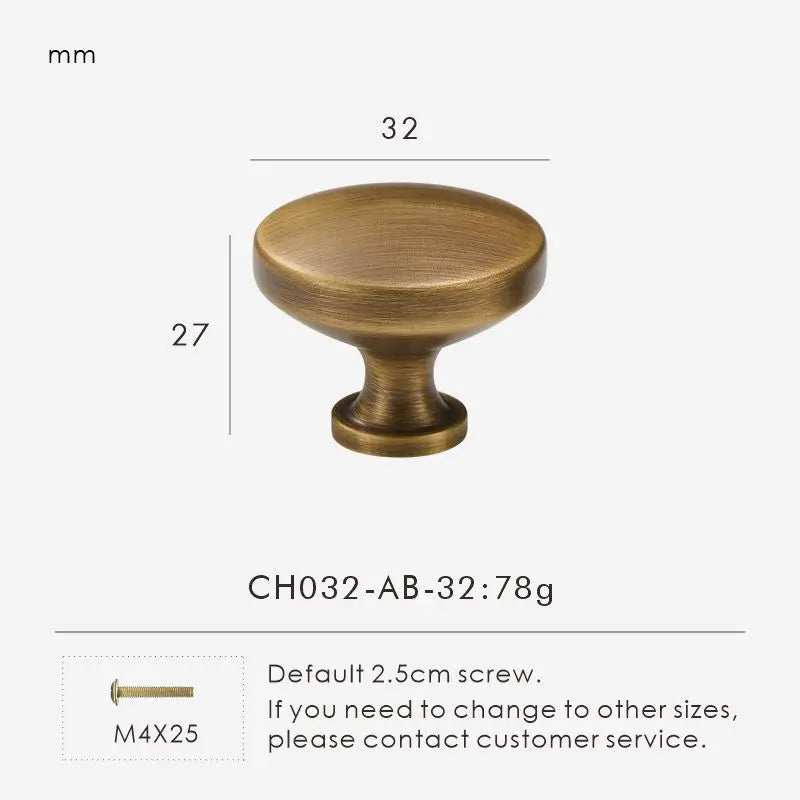 Antique bronze cabinet knob 32mm with dimensions and weight on a white background.