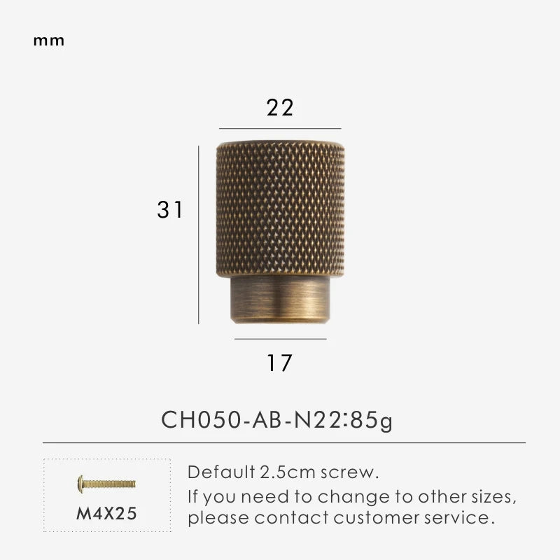 Antique knurled brass knob 22mm with measurements on a white background.