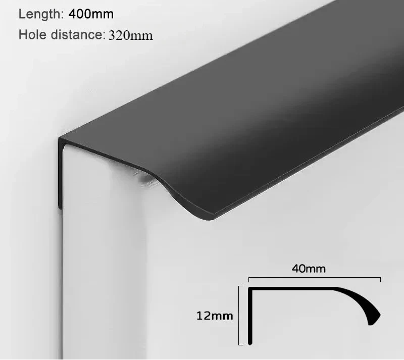 Measurements for black aluminium edge pull 400 mm with dimensions.