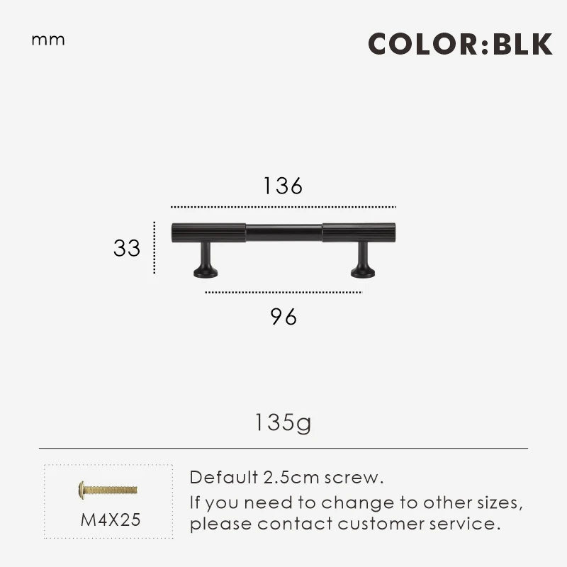 Measurement chart for black brass Art Deco pull 136 mm with dimensions and weight information.
