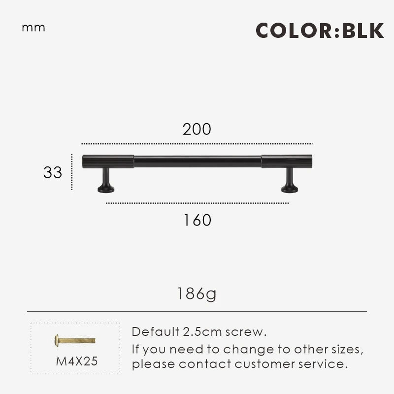 Measurement chart for black brass Art Deco pull 200 mm with dimensions and weight information.