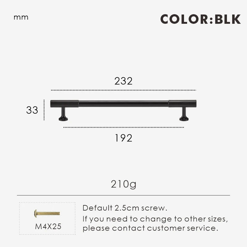 Measurement chart for black brass Art Deco pull 232 mm with dimensions and weight information.