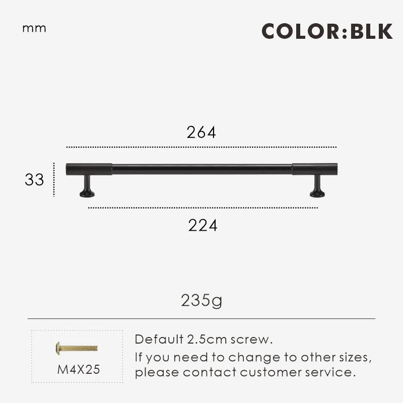 Measurement chart for black brass Art Deco pull 264 mm with dimensions and weight information.