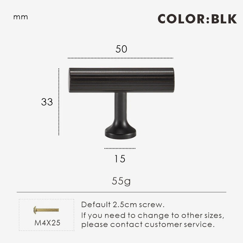 Measurement chart for black brass Art Deco t-bar 50 mm with dimensions and weight information.