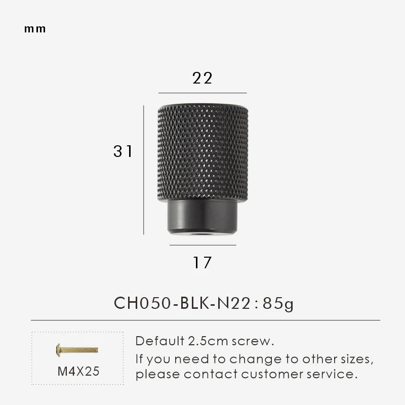 Measurement chart with a black brass cross-knurled knob 22 mm long and dimensions on a white background.