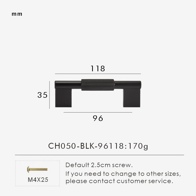 Measurement chart with a black brass cross-knurled pull 118 mm long and dimensions on a white background.