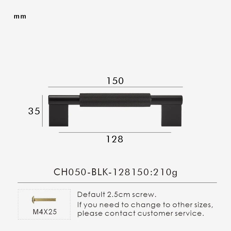Measurement chart with a black brass cross-knurled pull 150 mm long and dimensions on a white background.