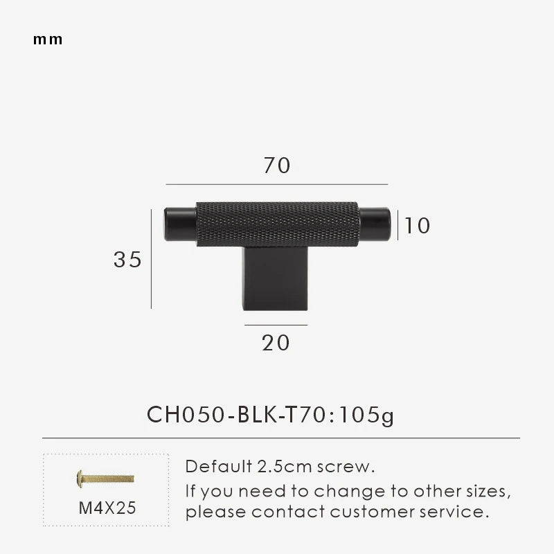 Measurement chart with a black brass cross-knurled t-bar 70 mm long and dimensions on a white background.