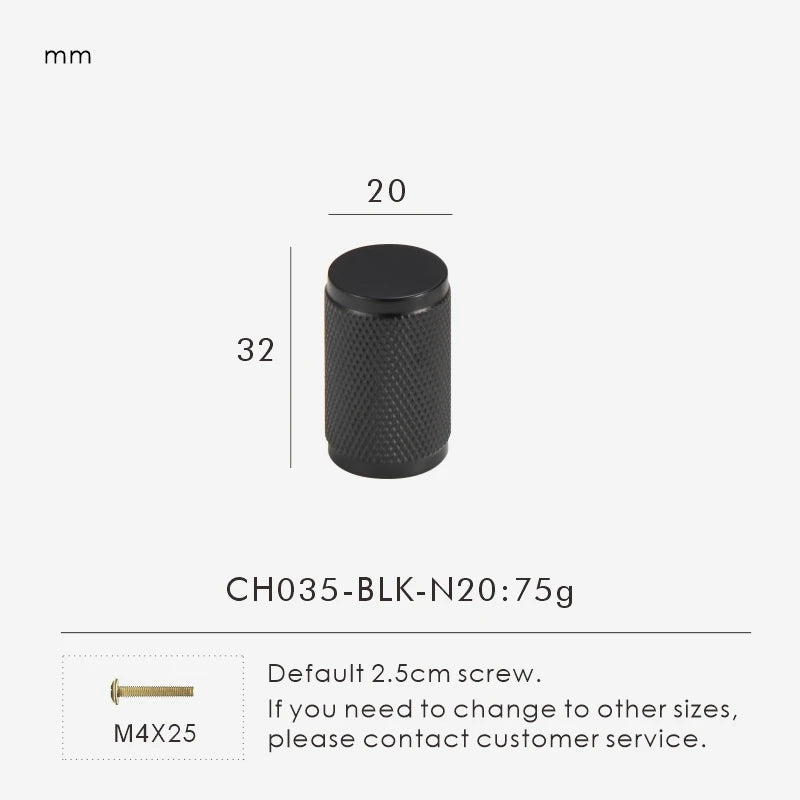 Measurement chart for a black brass cross knurled knob II 20 mm with dimensions and weight information.