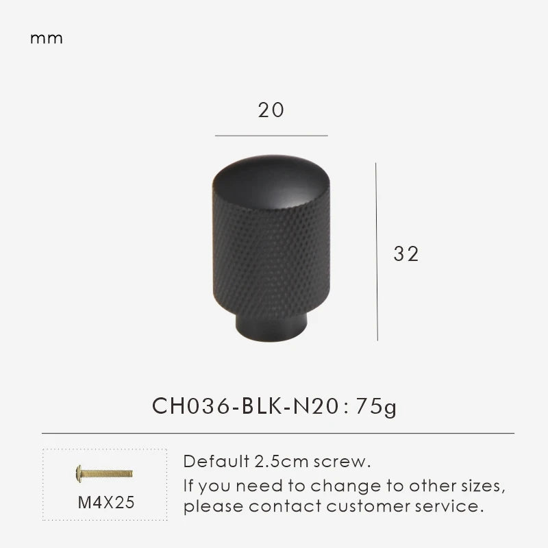 Measurement chart for a black brass cross knurled knob I 20 mm with dimensions and weight information.