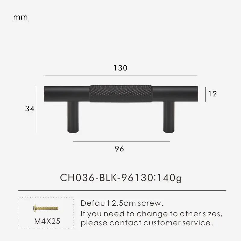 Measurement chart for a black brass cross knurled pull 130 mm with dimensions and weight information.