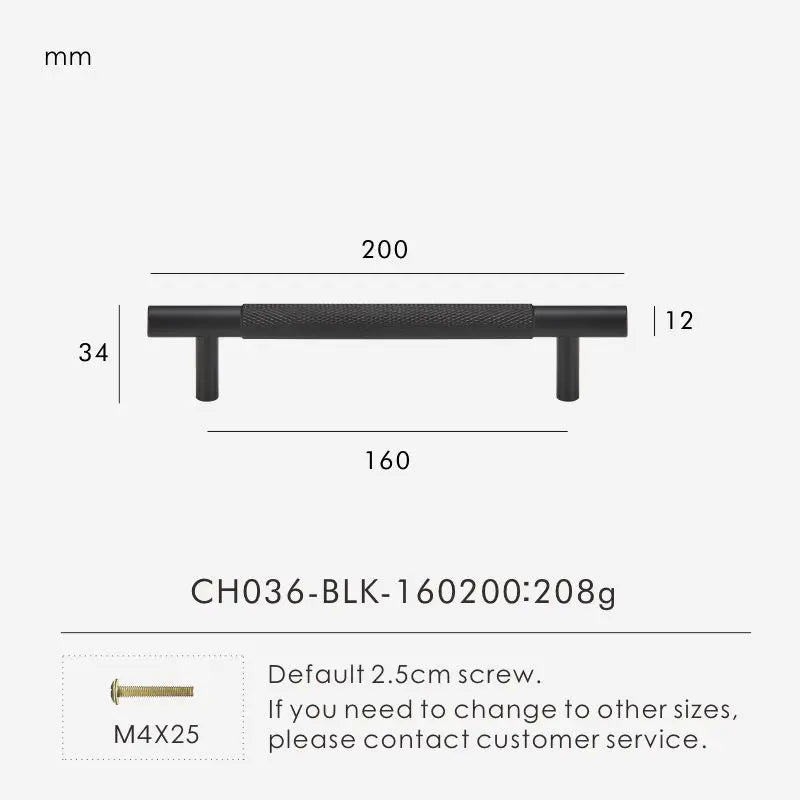 Measurement chart for a black brass cross knurled pull 200 mm with dimensions and weight information.