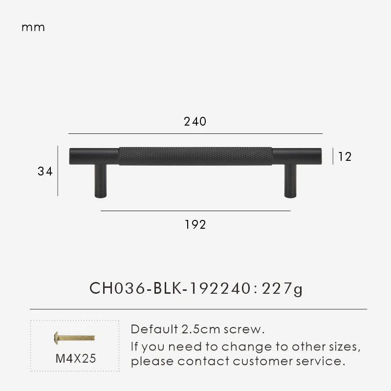 Measurement chart for a black brass cross knurled pull 240 mm with dimensions and weight information.