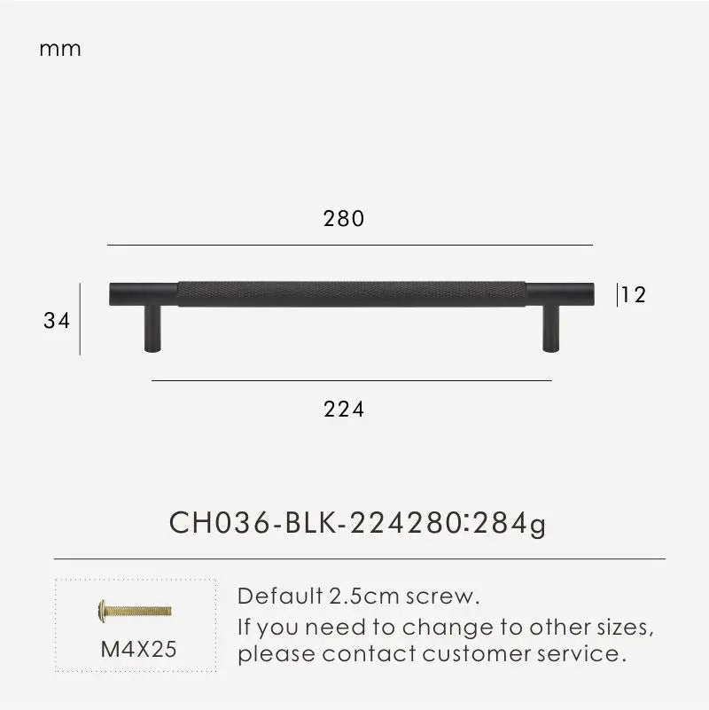 Measurement chart for a black brass cross knurled pull 280 mm with dimensions and weight information.