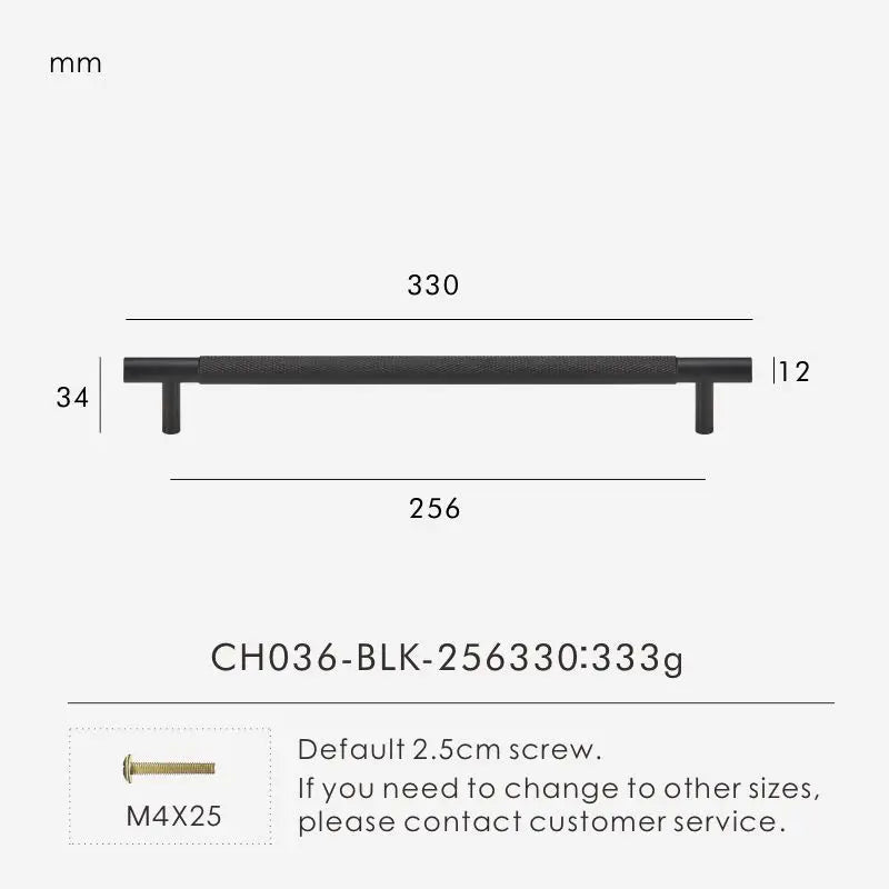 Measurement chart for a black brass cross knurled pull 330 mm with dimensions and weight information.