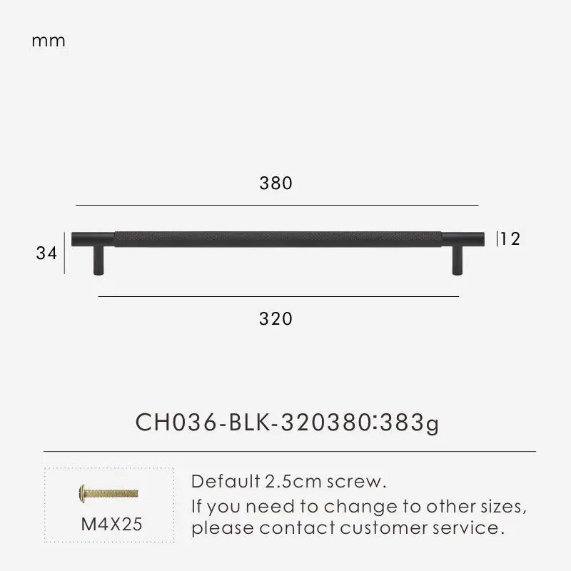 Measurement chart for a black brass cross knurled pull 380 mm with dimensions and weight information.