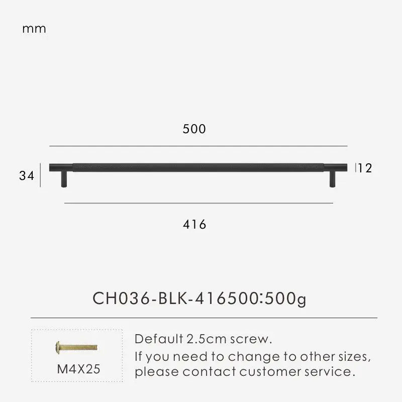 Measurement chart for a black brass cross knurled pull 500 mm with dimensions and weight information.
