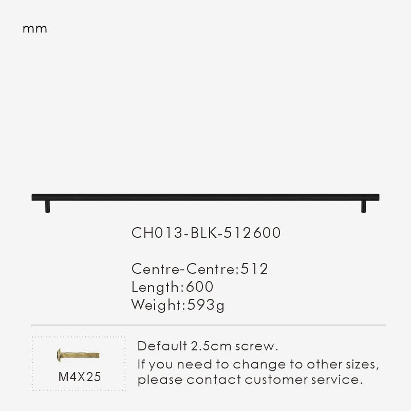Measurement chart for a black brass round rod pull 600 mm with dimensions and weight information.