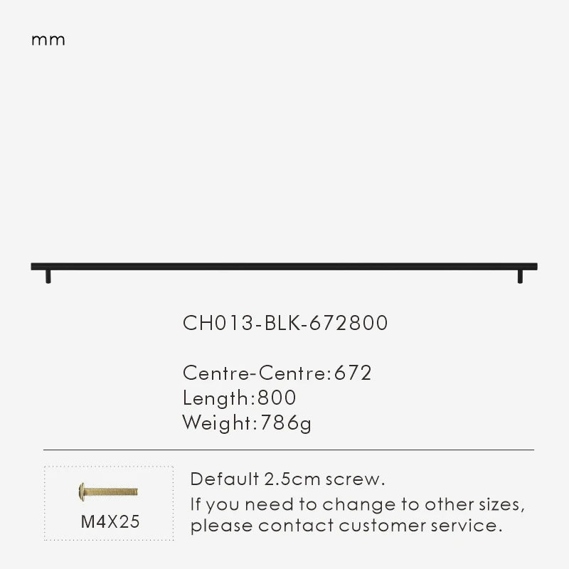 Measurement chart for a black brass round rod pull 800 mm with dimensions and weight information.