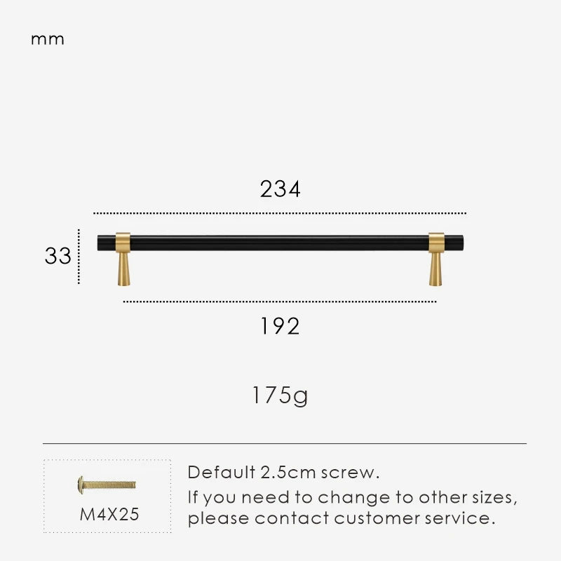 Measurement chart for a black brass stepped ring pull 234 mm with dimensions and weight information.