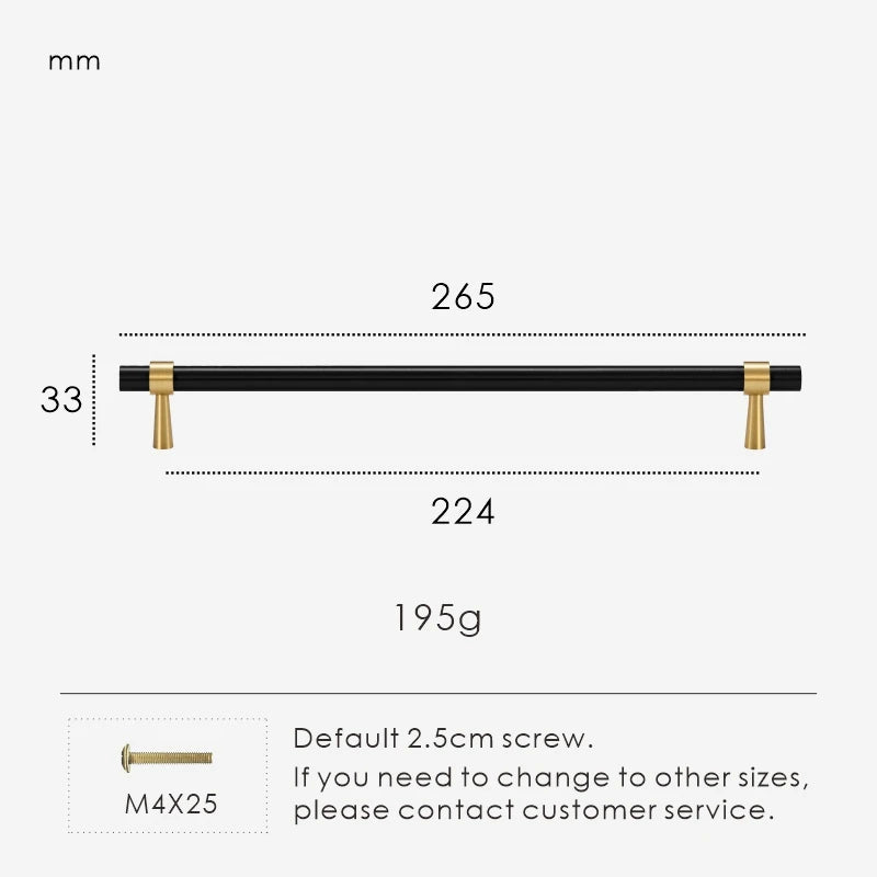 Measurement chart for a black brass stepped ring pull 265 mm with dimensions and weight information.