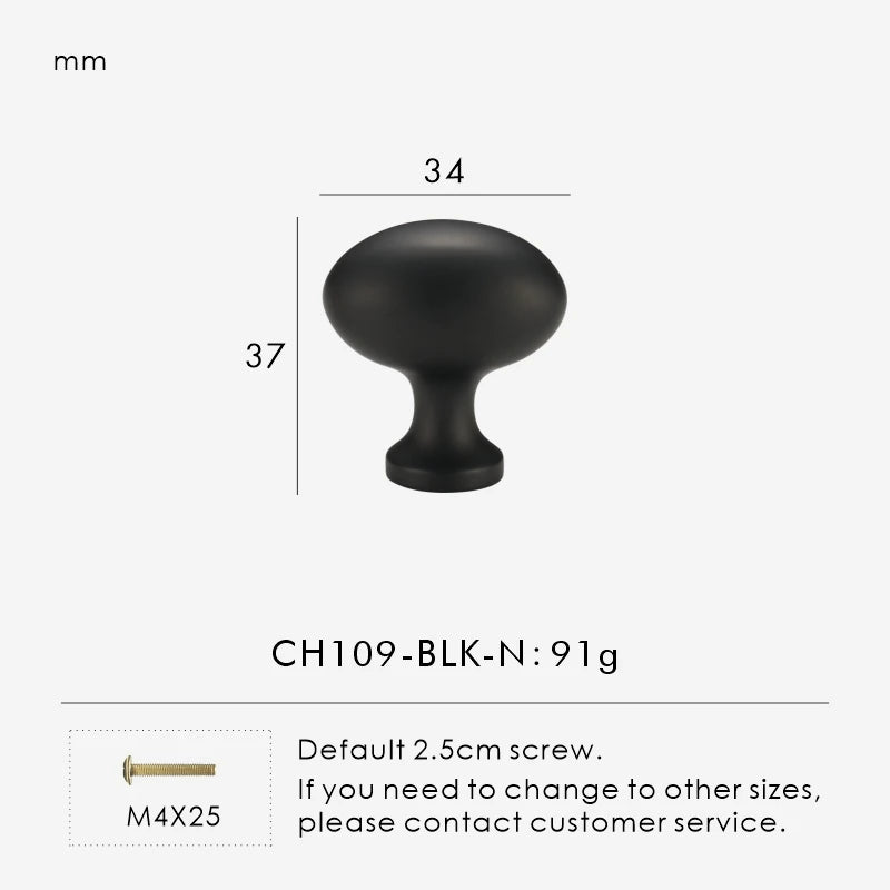 Black cabinet knob with measurements and product details on a white background.