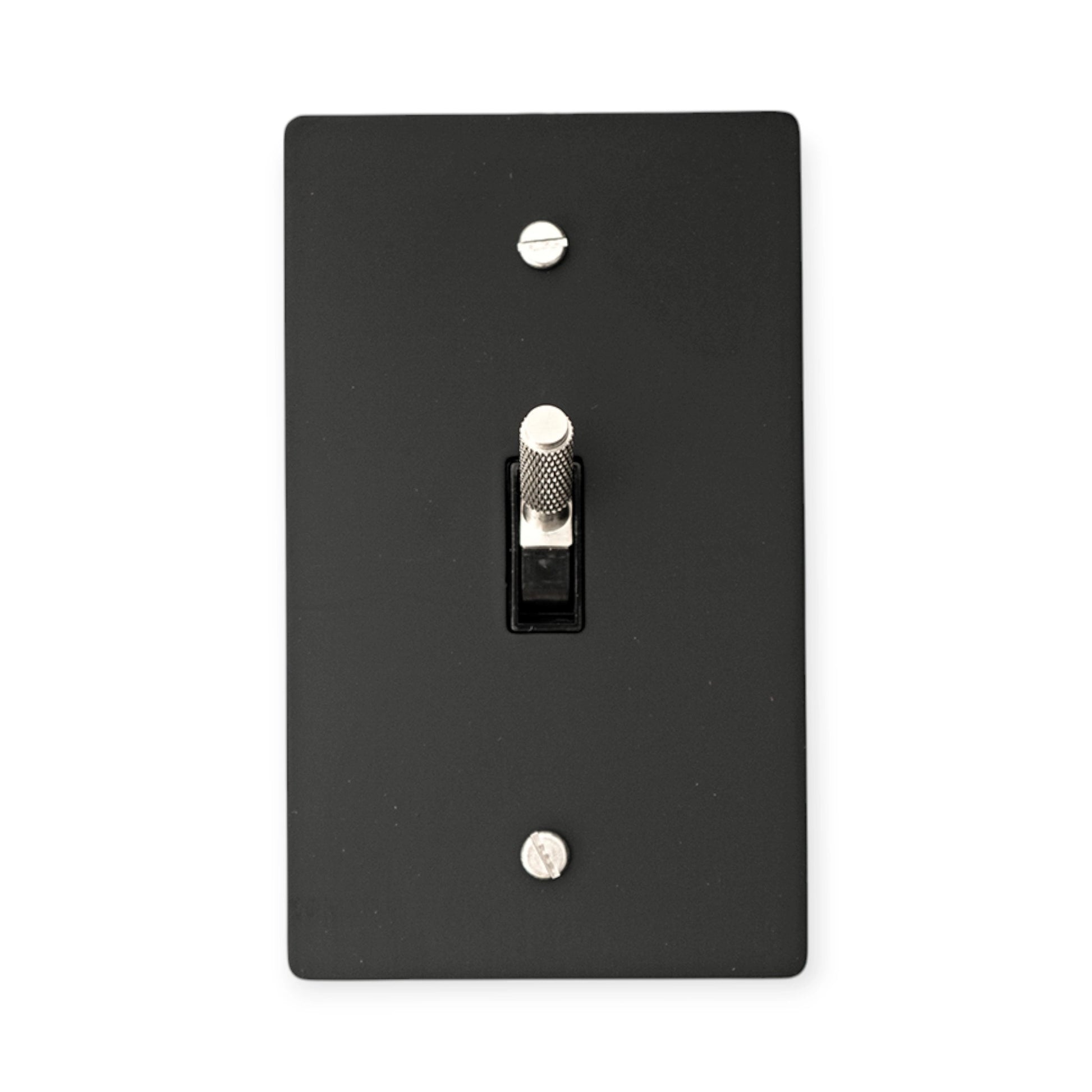 Black light switch plate with a silver toggle on a white background