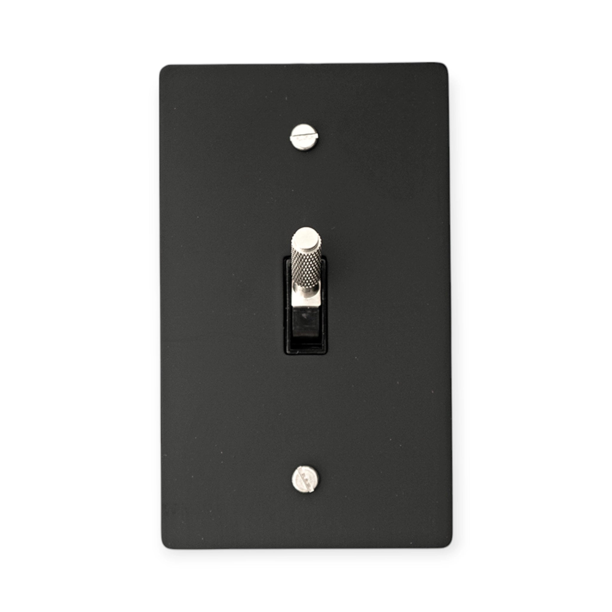 Black light switch plate with a silver toggle on a white background