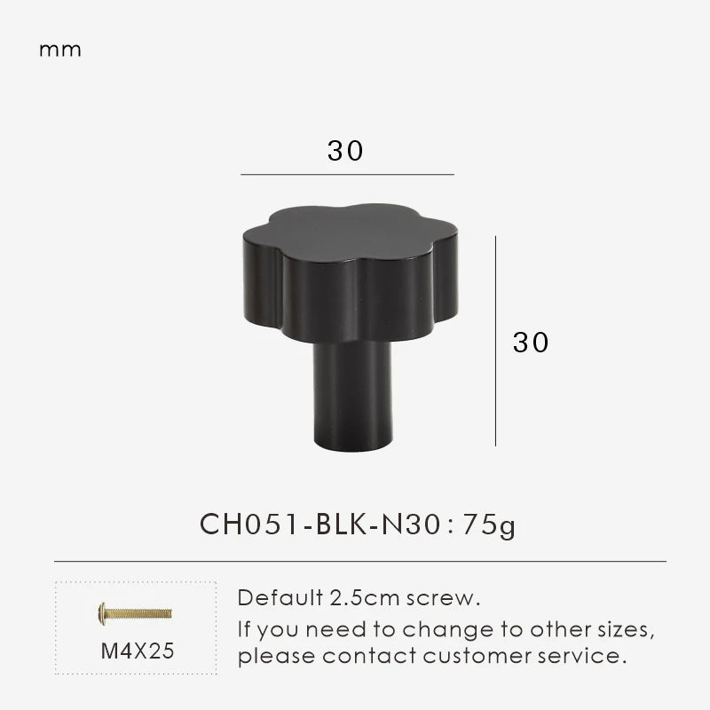 Black flower cabinet knob 30mm with measurements on a white background.