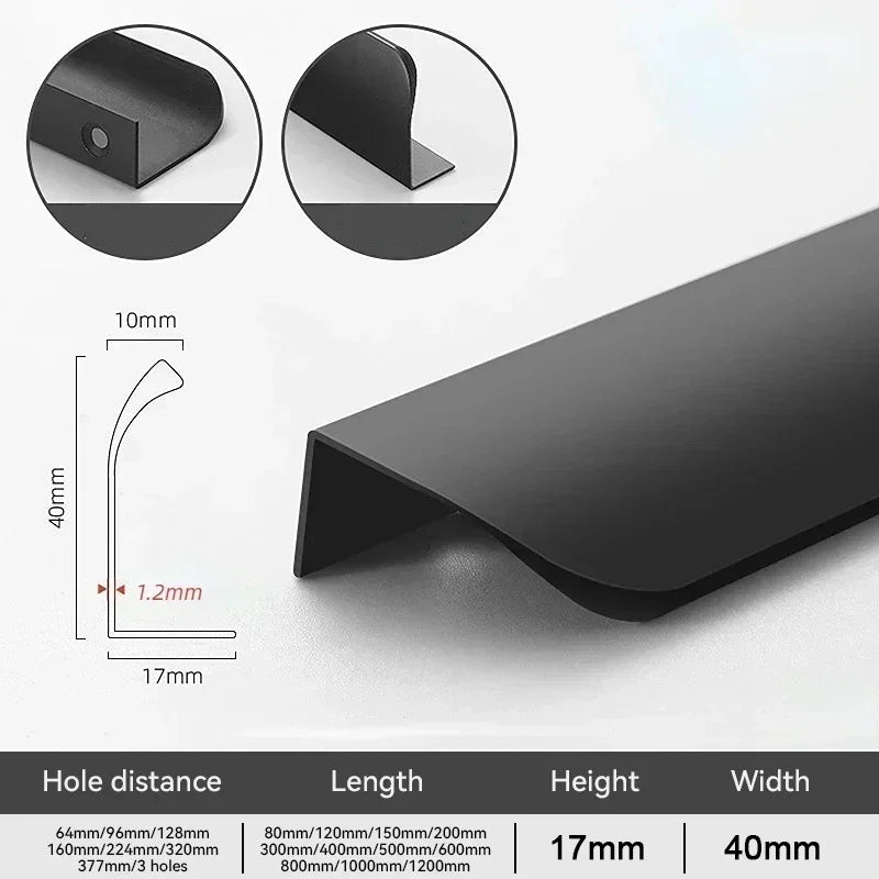 Black hidden edge pull profile with dimensions and hole distance details on a white background.