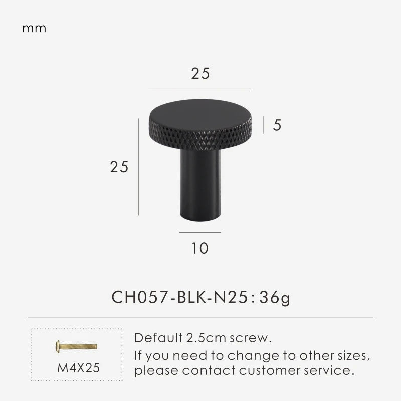 Black matte antique knob 25 mm with measurements and product details on a white background.