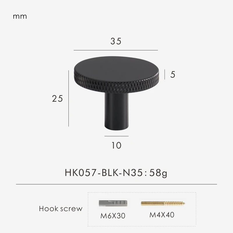 Black matte antique knob 35mm with measurements and product details on a white background.