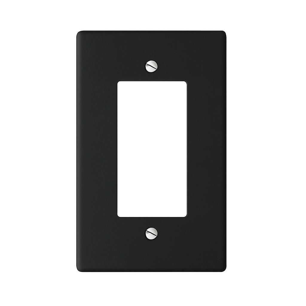 Black decorator wall plate / outlet cover with contrasting stainless steel accents