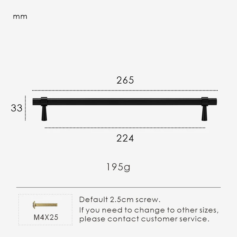 Measurement chart for a black stepped ring pull 265 mm with dimensions and weight information.