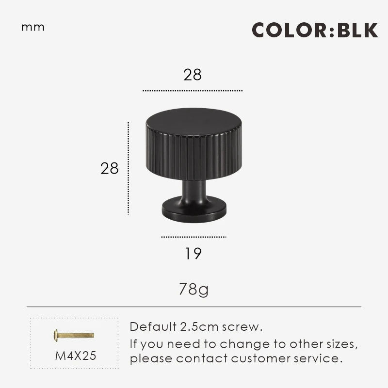 Brass black art deco knob 28mm with dimensions and weight on a white background.