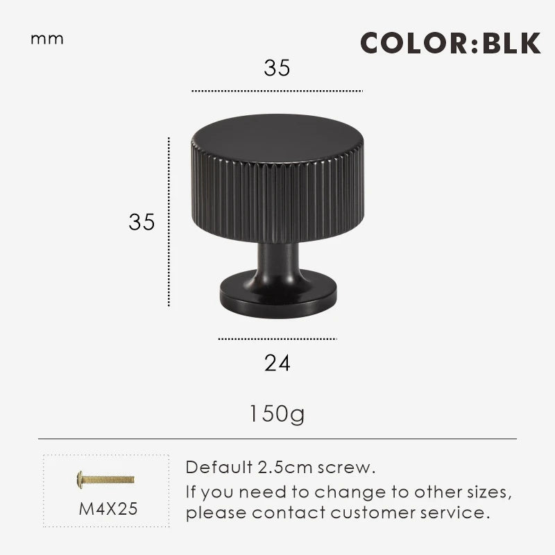 Brass black art deco knob 35mm with dimensions and weight on a white background.