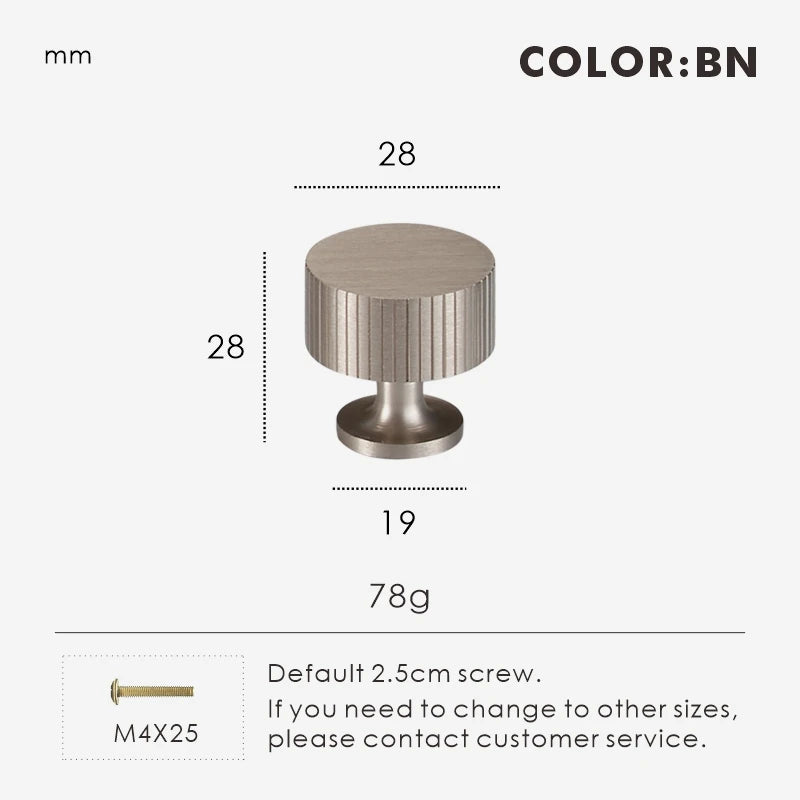 Brass brushed nickel art deco knob 28mm with dimensions and weight on a white background.