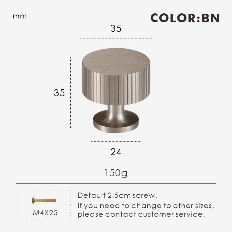 Brass bushed nickel art deco knob 35mm with dimensions and weight on a white background.