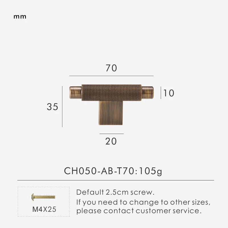 Measurement chart with a brass cross-knurled t-bar 70 mm long and dimensions on a white background.