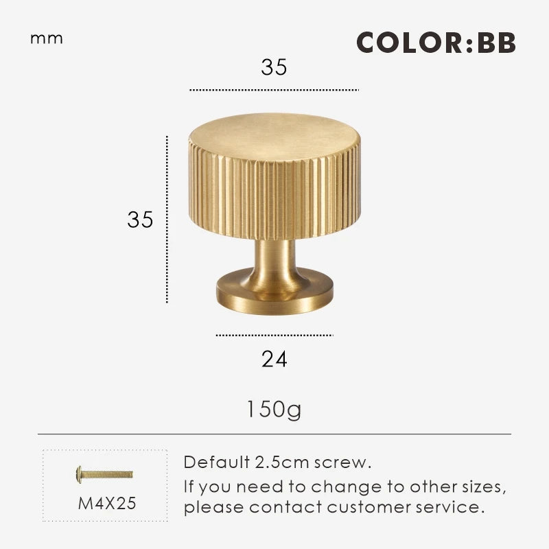 Brass gold art deco knob 35mm with dimensions and weight on a white background.