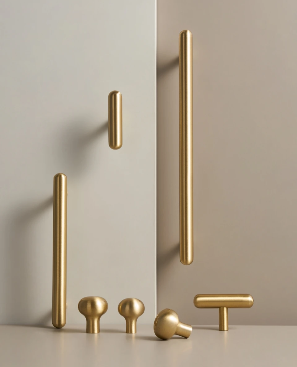 Set solid brass smooth gold cabinet handles, t-bars and knobs on a neutral and beige background.