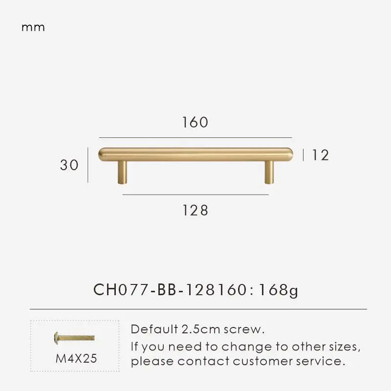 Measurement chart for a brass smooth gold cabinet round handle 160 mm with dimensions and weight information.