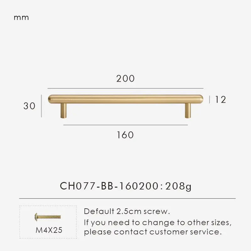 Measurement chart for a brass smooth gold cabinet round handle 200 mm with dimensions and weight information.