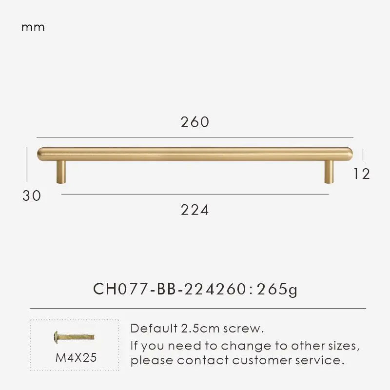 Measurement chart for a brass smooth gold cabinet round handle 260 mm with dimensions and weight information.