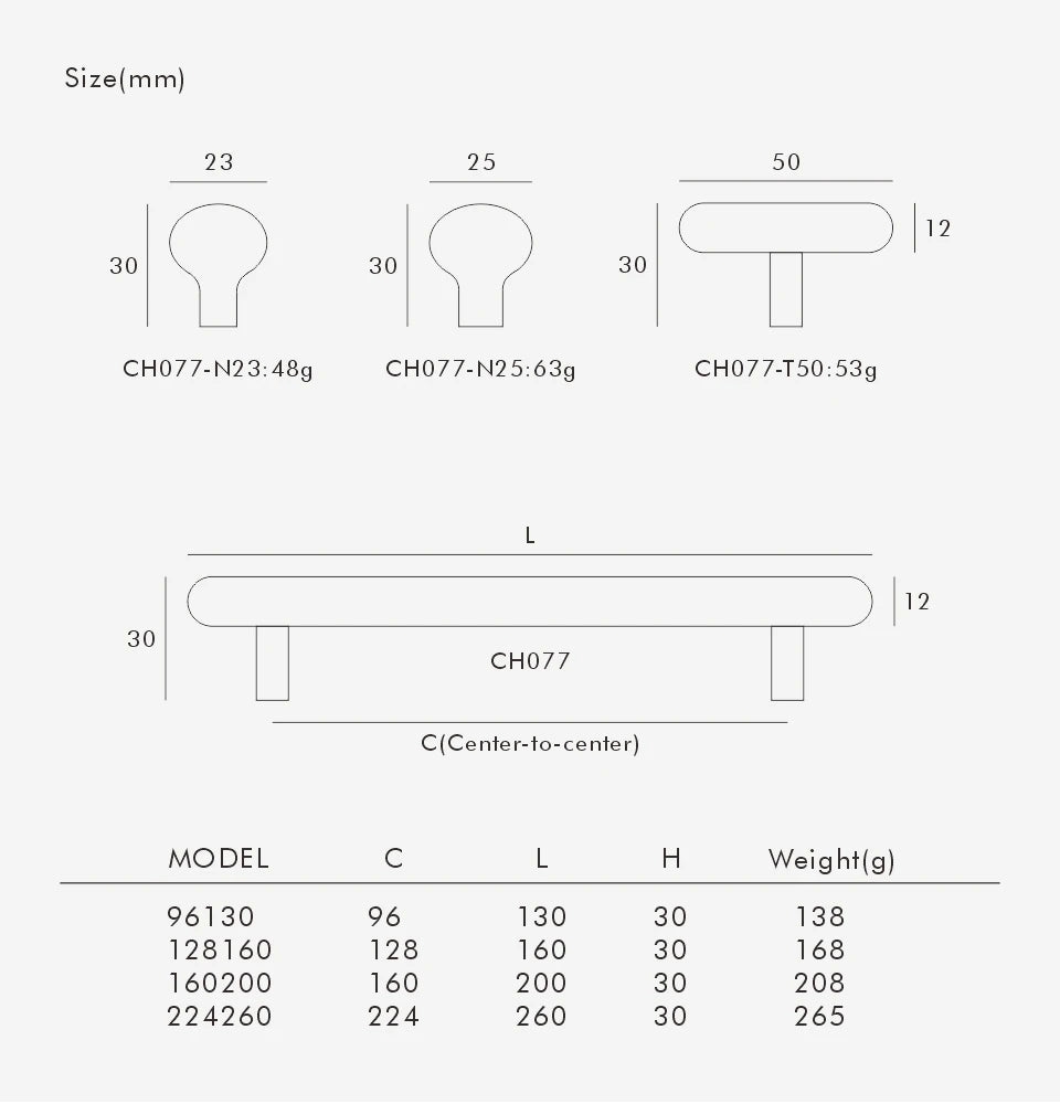 Technical drawing with dimensions and specifications of a brass smooth gold cabinet round handle, t-bar and knobs.
