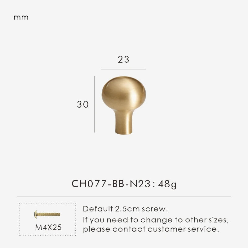 Measurement chart for a brass smooth gold cabinet round knob 23 mm with dimensions and weight information.