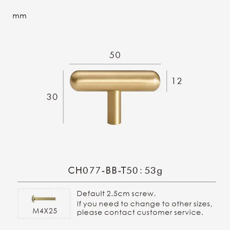 Measurement chart for a brass smooth gold cabinet round t-bar 50 mm with dimensions and weight information.